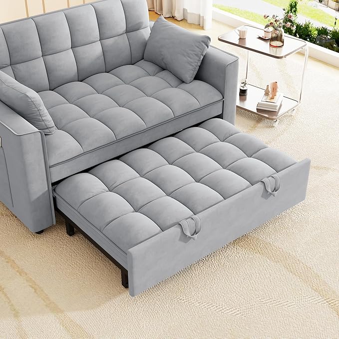3 in 1 Convertible Sleeper Sofa Bed, Pull Out Couch Loveseat Futon, Adjustable Backrest Velvet Sofa with Pillows and Side Pockets for Living Room Apartment, Light Grey