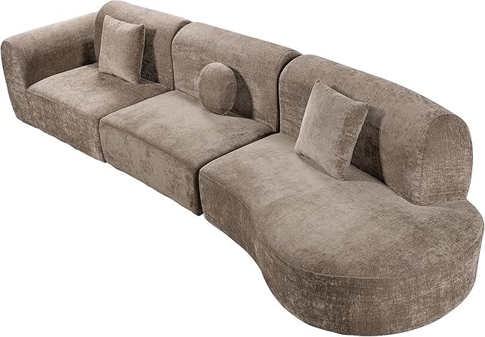 Merax 3-Piece 140" Curved Sectional Sofa Set, 4 Seat L-Shaped Modular Modern Cloud Couch with Chaise Lounge, 3 Pillows, Fully Assembled High-Density Compressed Sponge for Living Room, Brown