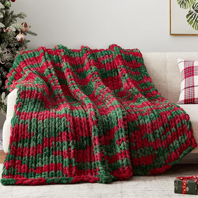 Negwoo Chunky Knit Throw Blanket, 80''*90'' Knitted Throw Chenille Yarn for Bed Couch, Handmade Stripe Crochet Big Thick Blanket, Machine Washable Cute Comfy Blanket for Home Decor