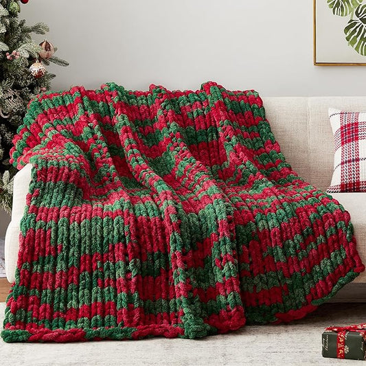 Negwoo Chunky Knit Throw Blanket, 40''*50'' Knitted Throw Chenille Yarn for Bed Couch, Handmade Stripe Crochet Big Thick Blanket, Machine Washable Cute Comfy Blanket for Home Decor