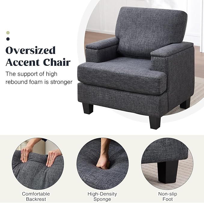Accent Chairs Set of 2 with Armrest Storage, Modern Upholstered Reading Living Room Chairs, Comfy Large Armchairs, Fabric Single Sofa Chair for Bedroom (Dark Grey)