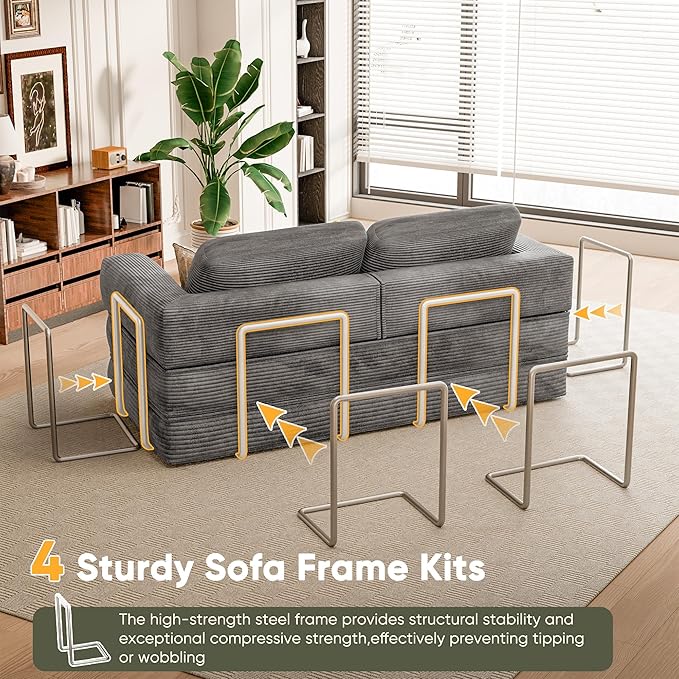 Homall 4-in-1 Convertible Sofa Bed, Oversized Boneless Couch with 4 Frame Kits and Removable Armrests, Corduroy Sleeper Sofa with 2 Pillows for Small Space, No Assembly Required (Gray)