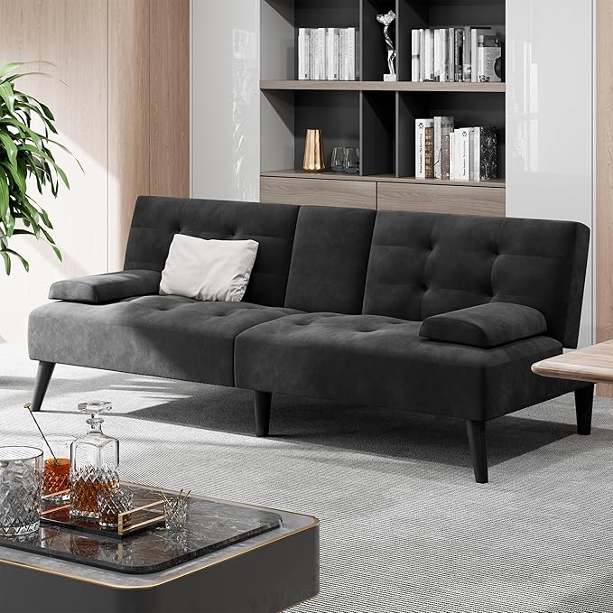 Shintenchi Futon Sofa Bed, Velvet Foldable Couch, Reclining Sleeper with Removable Armrests, Upholstered Loveseat Sofa Couch with Folding Cup Holders for Home, Office(Black)