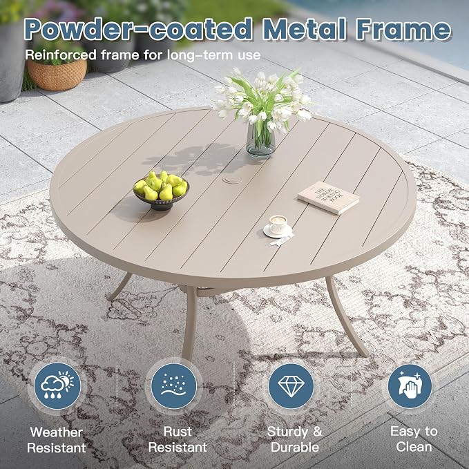 DIFY Patio Dining Set for 6, 7 Piece Outdoor Table and Chairs Set, 50" Round Metal Patio Dining Table and 6 Textilene Stackable Patio Chairs, for Backyard Garden Poolside, Sandshell - Image 4