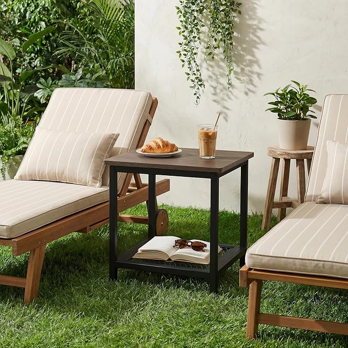 2-Tier Outdoor Side Table with Storage, Weather Resistant Patio End Table, HDPS Small Accent Table for Deck, Garden, Pool, Backyard, Brown - Image 2