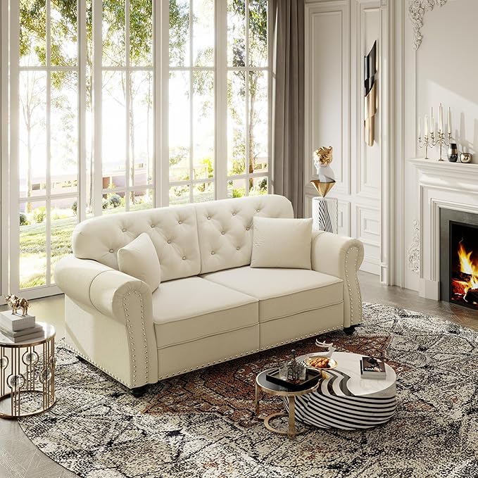 KEIKI 63" Velvet Chesterfield Sofa with Rolled Arms & Nailhead Trim, Modern Upholstered 2-Seater Button Tufted Couch with High Resilience Cushion & 2 Pillow, Easy Assembly, for Living Room, White