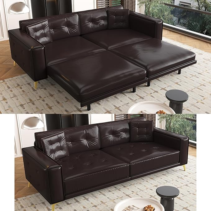 92" 3-in-1 Faux Leather Convertible Sleeper, King Size Pull Out Sofa Bed, 4-Seater Mid Century Modern Tufted Couch with 2 Pillows for Living Room, Apartment, Office (Espresso/Dark Brown) | Leather Sofa Bed, King Pull Out Sofa, Tufted Couch
