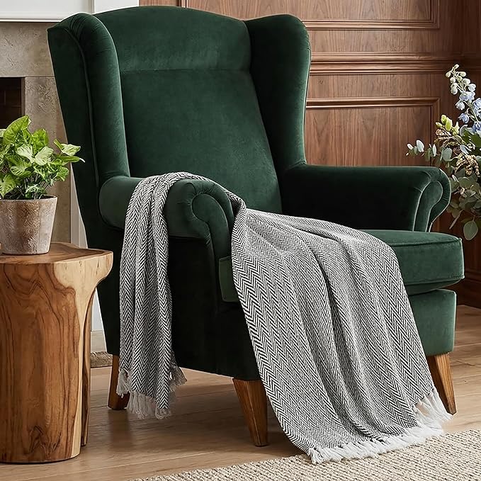 Americanflat 50x60 Throw Blanket - Soft and Breathable Cotton Throw Blanket for Couch, Bed, Chair - Decorative Blankets Perfect for Home, Office, or Outdoor Use - Black and White Herringbone Design