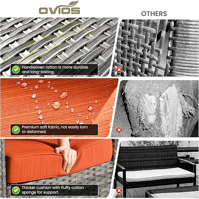 ovios Patio Furniture Set, 7 Pieces Outdoor Wicker Sofa Couch with 4 Chairs, Ottomans and Comfy Cushions, All Weather High Back Rattan Conversation Set, Orange Red