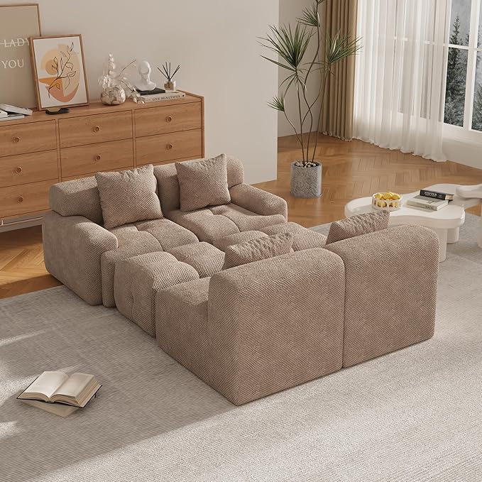 135" U-Shaped Compressed Sectional Cloud Sofa, Flannel Upholstered Modular Tufted Sofa with 6 Pieces, Symmetrical Boneless Foam Modular Cloud Couches for Living Room