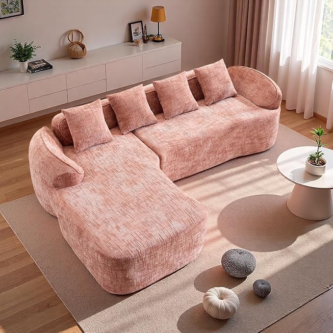 L Shaped Compression Sofa, Modular Couch with Curved Armrests & 4 Coordinating Pillows, Modern 101'' Chenille 4 Seater Sofa with Wide Seat for Living Room, Bedroom, No Assembly, Pink