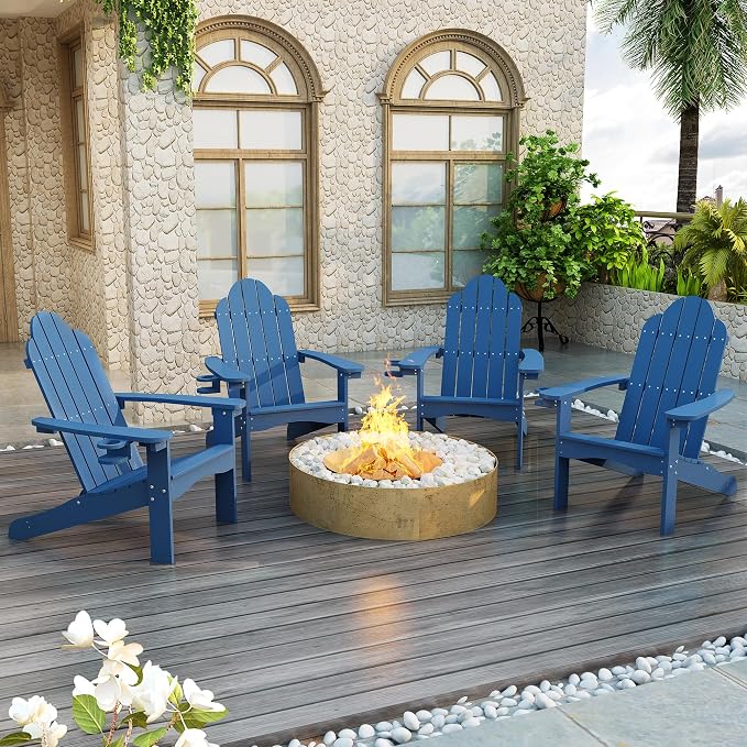LUE BONA HDPS Adirondack Chairs Set of 8, Fire Pit Outdoor Chair Weather Resistant with Cup Holder, Modern Plastic Chair Plastic for Patio, Deck, Proch, 350LBS, Navy Blue by LUEBONA