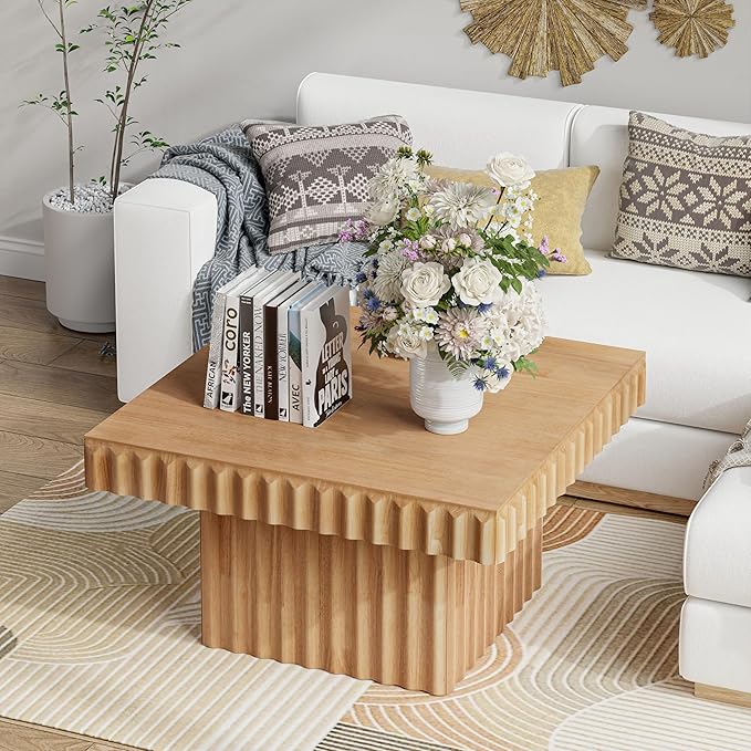 COZAYH Modern Square Fluted Wood Coffee Table with Natural Oak Finish, Geometric Accent Table Chunk Table for Living Room, Sturdy Rectangular Minimalist Centerpiece, Brown, Farmhouse