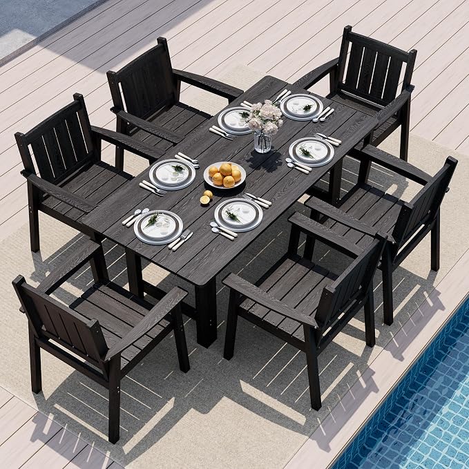 Pamapic 7 PCS Outdoor Dining Set, Spacious HDPE Outdoor Table and Chairs, Wood Grain Patio Furniture Sets with Elegant Armrest, All-Weather Patio Dining Table with Umbrella Hole, Black by Pamapic