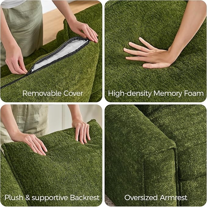 77" Cloud Loveseat Sofa, Deep Seat Couch with Pillows, Modern Comfortable Upholstery Boneless Sofa, 1 piece for Living Room, Bedroom, Apartment, Removable Cover，No Assembly Required, Algae Green