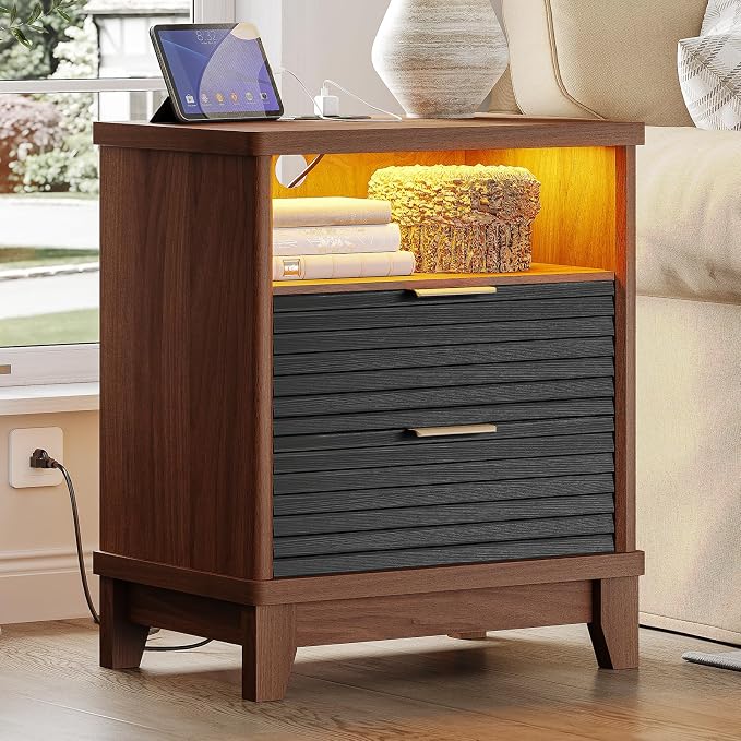AOGLLATI Fluted Nightstand with Charging Station and 2 Drawers, Black Nightstand, Beside Table with Open Storage and Led Lights, Retro End Side Table for Bedroom, Black by AOGLLATI
