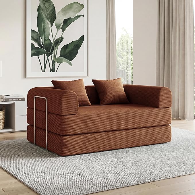 53.15'' Convertible Compressed Corduroy Folding Cloud Sofa Bed, Modern Boneless Pull Out Loveseat Sleeper in a Box, 4 in 1 Floor Mattress Futon Cloud Couch, No Assembly Needed, Caramel, Pillows, Full