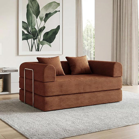 53.15'' Convertible Compressed Corduroy Folding Cloud Sofa Bed, Modern Boneless Pull Out Loveseat Sleeper in a Box, 4 in 1 Floor Mattress Futon Cloud Couch, No Assembly Needed, Caramel, Pillows, Full