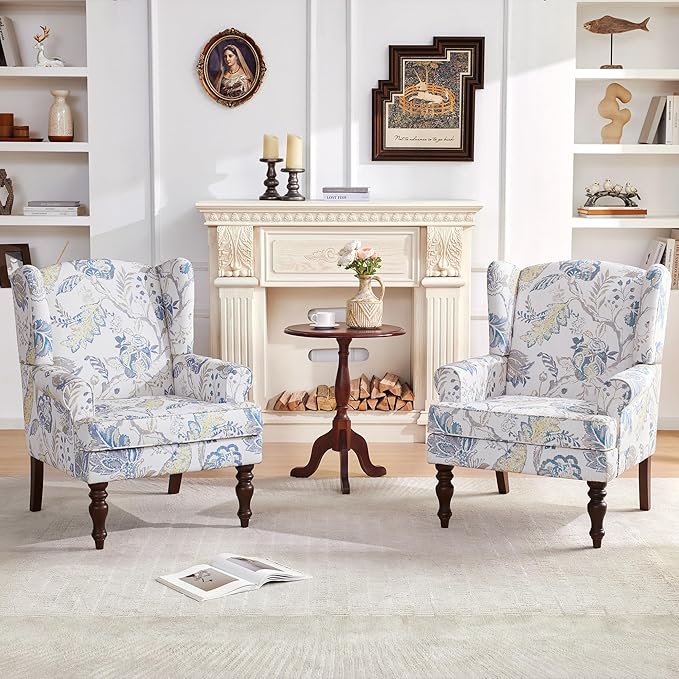 HUIMO Printed Wingback Accent Chair, Linen Upholstered High Back Armchair, Comfy Reading Chair for Living Room Bedroom Study, 300lbs Weight Capacity (2, Blue Floral)