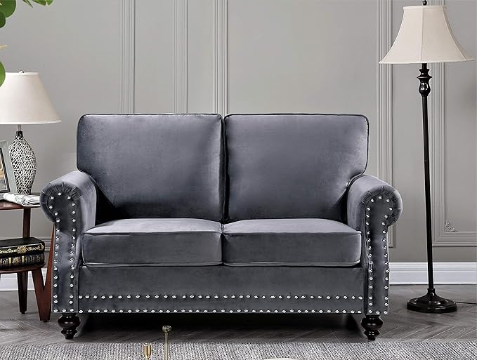 Lotus Mid Century Modern Velvet Upholstered Living Room Rolled Arms, Chair, Loveseat and Sofa, Grey