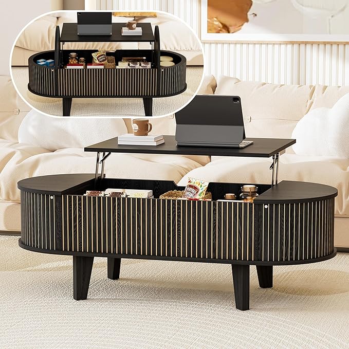 Oval Lift Top Coffee Table with Storage, Fluted 47" Wood Mid Century Modern Coffee Table for Living Room, Black