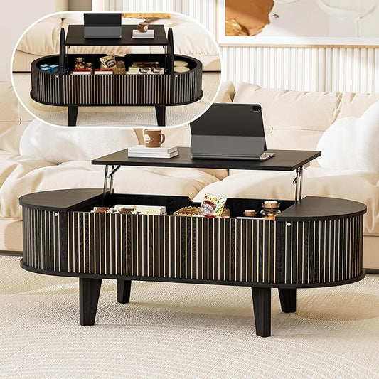 Oval Lift Top Coffee Table with Storage, Fluted 47" Wood Mid Century Modern Coffee Table for Living Room, Black