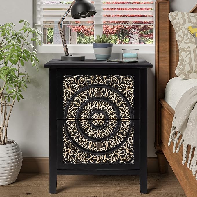 COZAYH Set of 2 2-Drawer Fully-Assembled Flower Motif Nightstand for Small Spaces, French Country, Modern, Distressed Finish,Gold & Black - Image 5