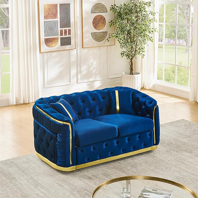 KEIKI 63" Luxury Oversized Velvet Chesterfield Sofa with 2 Pillow & Gold Stainless Decoration, Italian Modern Style 2-Seater Button Tufted Couch with Rolled Arms, Easy Assembly, for Living Room, Navy