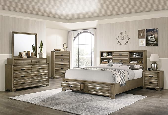 Roundhill Furniture Loiret Light Grey Finish Wood Storage Platform Queen Bedroom Set with Dresser, Mirror, Two Nightstands, Chest