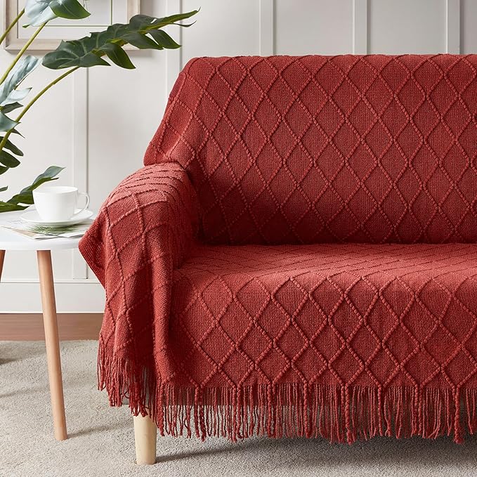 BOURINA Burgundy Throw Blanket 50 x90 Inches Throw Textured Solid Soft Sofa Throw Bed Runner Couch Cover Knitted Decorative Blanket Bed Runner