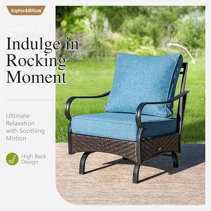 Sophia & William Extra Large Outdoor Patio Motion Sofa Chairs Set 2 PCS Heavy-Duty Metal Porch Furniture with High Back & Deep Seating Area, 5.5" Thicken Cushions for Deck, Lawn, Outside (Navy)