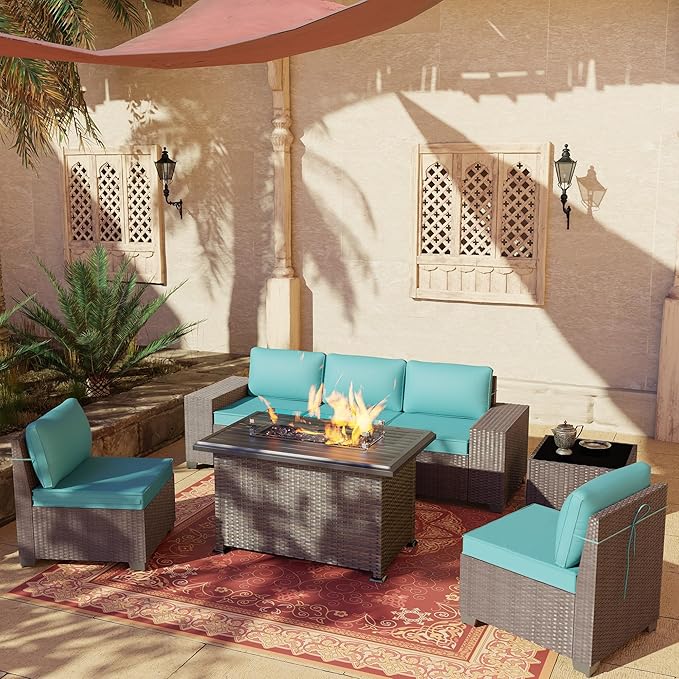 7 PCS Outdoor Patio Furniture Set,Outdoor Sectional Furniture with 43" 55000 BTU Gas Propane Fire Pit Table,All Weather PE Rattan Wicker Patio Conversation Set,Turquoise Blue