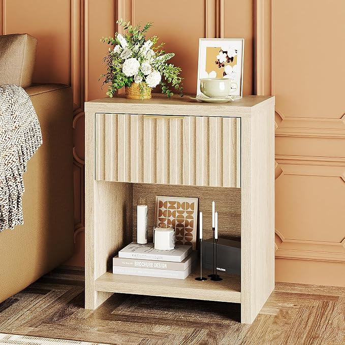 VINGLI Fluted Oak Nightstand Set of 2, 20" W Mid Century Modern Nightstand for Bedroom, Bedside Table, End Tables Bedroom, Wood Side Table - Image 9