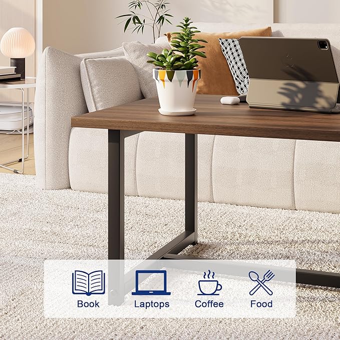 35.4" Rectangular Coffee Table for Living Room, Modern Industrial Style Coffee Table Center Table with Metal Frame for Small Space, Apartment, Office, Easy Assembly, Walnut