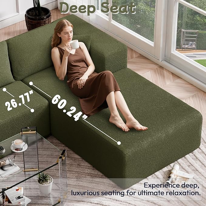 Cloud Sectional Couch, 105” Fluffy Modular L-Shape Sofa with Left Chaise Lounge, Modular Sectional Sofa in a Box, Boneless Couch for Living Room, No Assembly Required, Wool Green