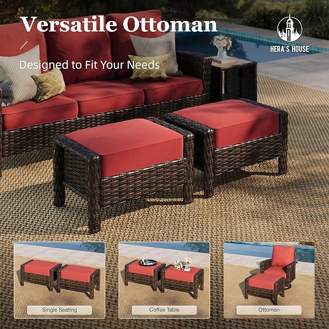 HERA'S HOUSE 8-Piece Patio Furniture Set with Swivel Chairs & Fire Pit Table, High Back Outdoor Conversation Sets with 5.5" Thick Cushions, All-Weather Wicker Deep Seating Sofa with Ottomans, Red