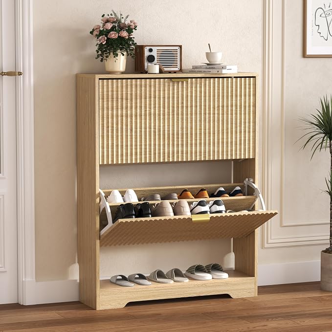 HUANLEGO Shoe Cabinet Storage for Entryway with 2 Flip Drawers, Fluted Shoe Cabinet with Open Storage, Wooden Hidden Shoe Rack Freestanding Narrow Slim Shoe Organizer for Hallway, Entrance by HUANLEGO
