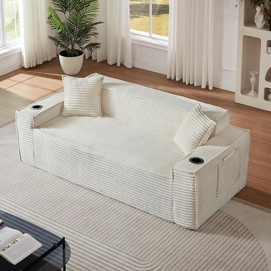 Cloud Loveseat Boneless Sofa Couch in a Box with Cupholders, Modern Corduroy Compressed Sofa for Living Room, 3 Seater High-Density Foam Couch with Pillows, No Assembly Required