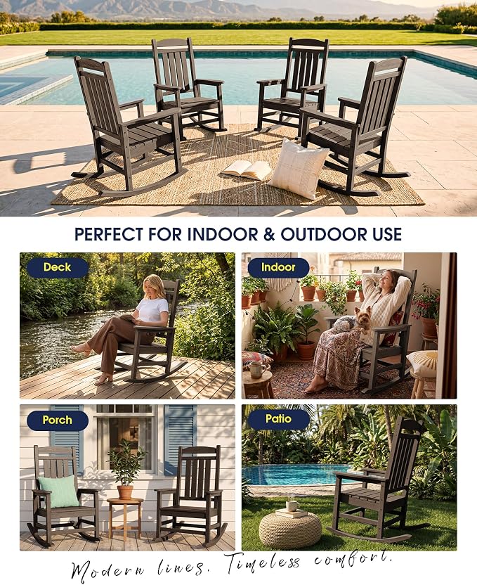 KINGYES Oversized Outdoor Rocking Chair Set 2, All Weather HDPE Patio Rocking Chairs for Adults, Coffee Brown - Image 9