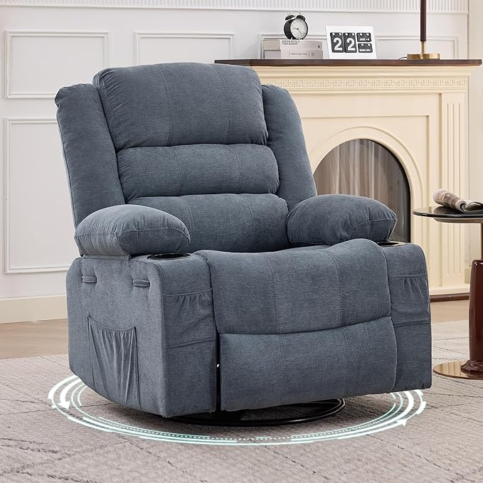 Rocking Recliner Chair for Adults Wide 360° Swivel Rocker Recliner with Cup Holder Nursery Glider with Upholstered Deep Seat Linen Lazy boy Chair for Living Room Blue