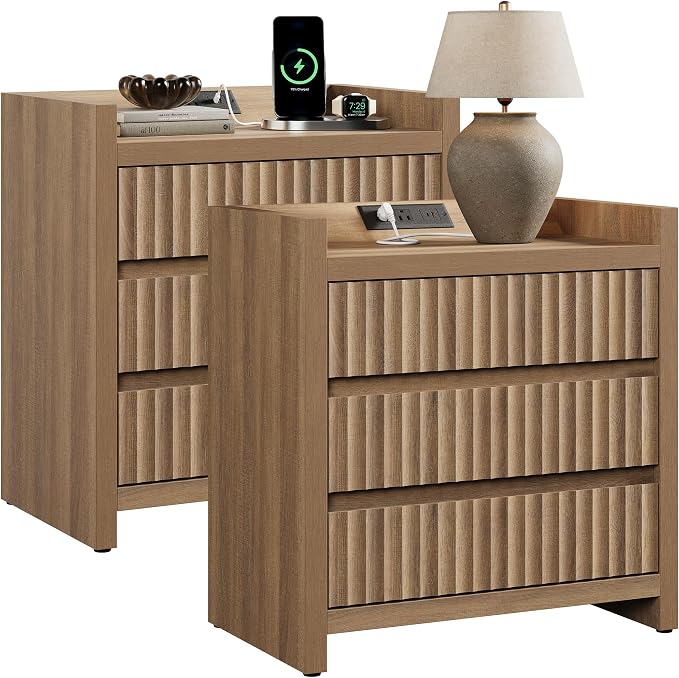 SICOTAS Night Stand Set of 2 with Charging Station, USB-C Port, 26" Tall Fluted Nightstand, Large 3-Drawer Bedside Table Mid Century Modern End Table for Bedroom Sofa Side (Reclaimed Caramel Oak) by SICOTAS
