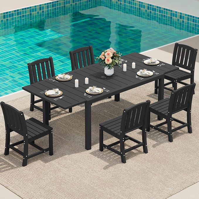 SERWALL 7-Piece Outdoor Dining Set, 60" - 83" Expandable Outdoor Dining Table and 6 HDPE Chairs, All Weather HDPE Outdoor Furniture Set for Backyard, Garden, Black by SERWALL