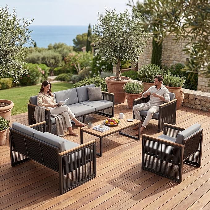 5 Piece Patio Conversation Set for 7, Modular Patio Sofa Couch with Cushions, Rattan Outdoor Patio Furniture Set with Loveseat/Coffee Table, Outdoor Sectional Furniture for Deck/Porch, Grey