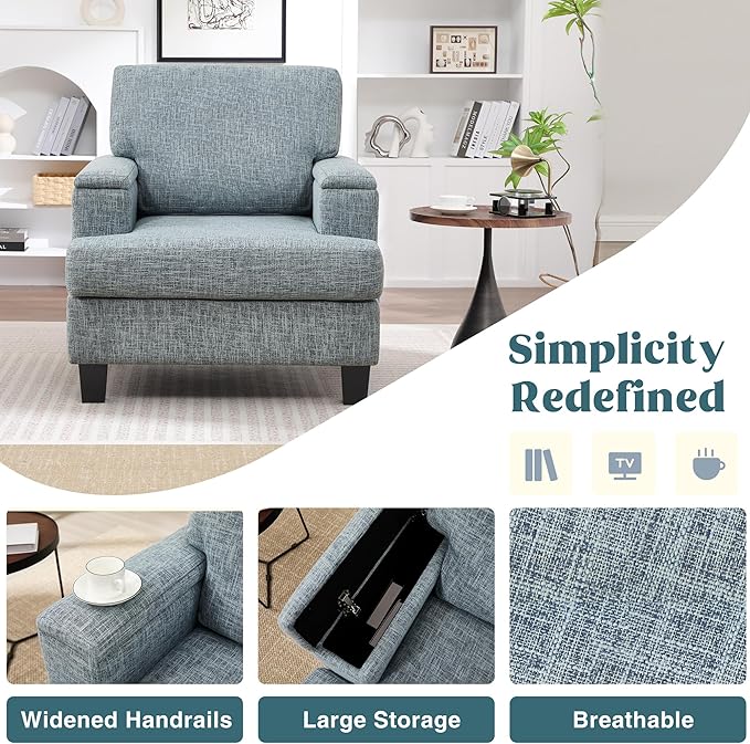 Modern Accent Chairs Set of 2 with Armrest Storage, Oversized Upholstered Reading Chairs, Comfy Large Armchairs, Fabric Single Sofa Chair for Living Room Bedroom (Bluish Grey)