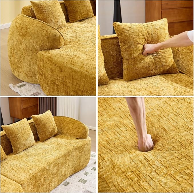 L Shaped Compression Sofa, Modular Couch with Curved Armrests & 4 Coordinating Pillows, Modern 101'' Chenille 4 Seater Sofa with Wide Seat for Living Room, Bedroom, No Assembly, Yellow