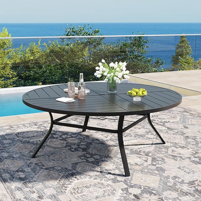 DIFY 11 Pieces Outdoor Patio Dining Set for 10, 63" Black Round Metal Patio Table and 10 Brown Stackable Textilene Patio Chairs, Outdoor Table and Chairs for Backyard Garden Poolside - Image 2