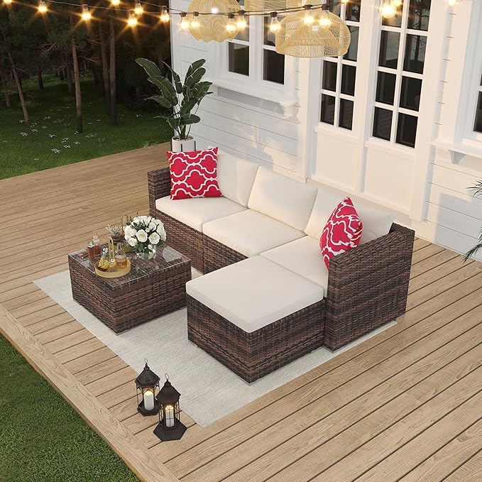 Garvee 5 Pieces Patio Furniture Set, Outdoor Glass Table and Cushions with Rattan Wicker Chairs, Patio Furniture Set for Porch, Balcony, Backyard, Garden, Brown & Beige