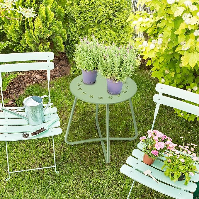 danpinera Outdoor Side Tables with Flower Cut Outs, Weather Resistant Steel Patio Side Table, Small Round Outdoor End Table Metal Side Table for Patio Yard Balcony Garden Green - Image 7