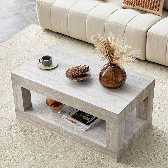 LKTART 39.37" Faux Travertine Stone Coffee Table with Storage, 2-Tier Mid Century Rectangular Accent Table with Thick Tabletop, Rustic Style Cocktail, Center Table for Living Room, Office(Beige)