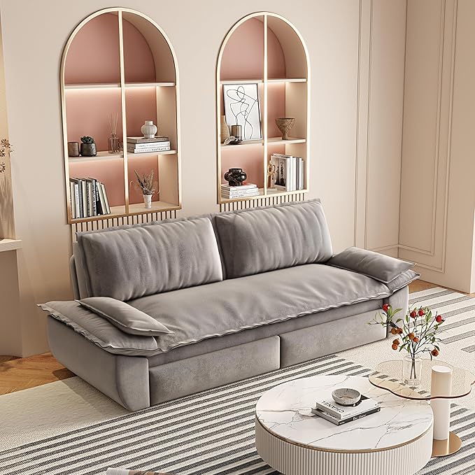 3-in-1 Convertible Sofa Bed Queen Size Pull Out Sleeper Sofa with Heavy Duty Metal Frame, Luxurious Velvet Upholstered Loveseat with 2 Pillows, Modern Folding Guest Bed for Living Room, Apartment
